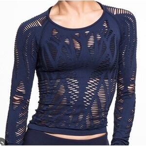 Alo Yoga Wanderer Women's Long Sleeve Top Navy Blue Distressed Laser Cut Small